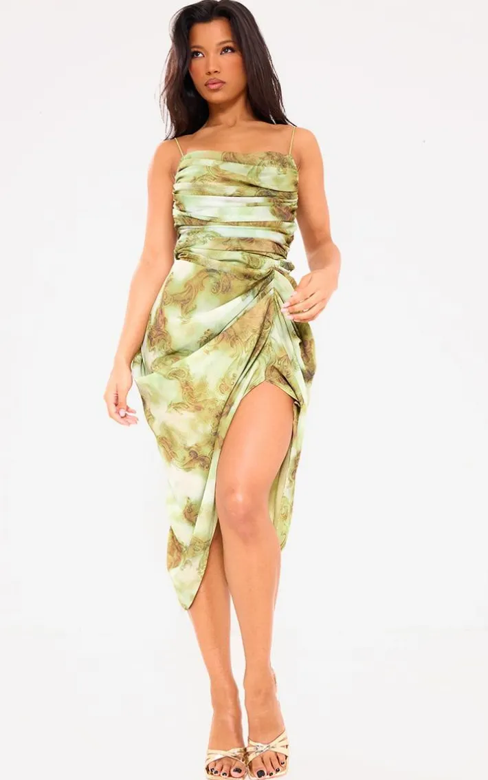 Green Print Chiffon Ruched Drape Midi Dress