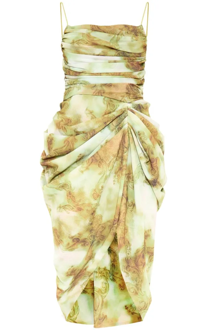 Green Print Chiffon Ruched Drape Midi Dress