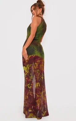 Green Print Mesh Extreme Cut Out Maxi Dress