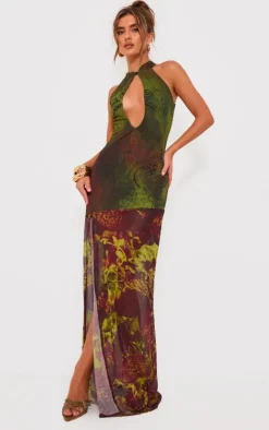 Green Print Mesh Extreme Cut Out Maxi Dress