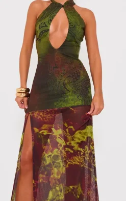 Green Print Mesh Extreme Cut Out Maxi Dress