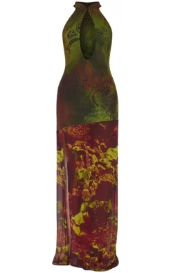 Green Print Mesh Extreme Cut Out Maxi Dress