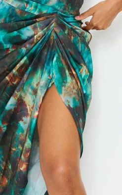 Green Print Satin Strappy Cowl Neck Side Gathered Midi Dress
