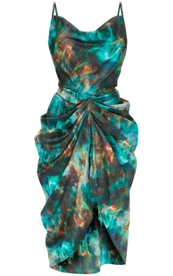 Green Print Satin Strappy Cowl Neck Side Gathered Midi Dress