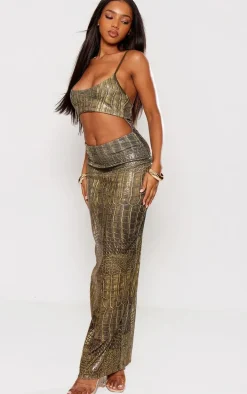 Green Print Sequin Cut Out Maxi Dress