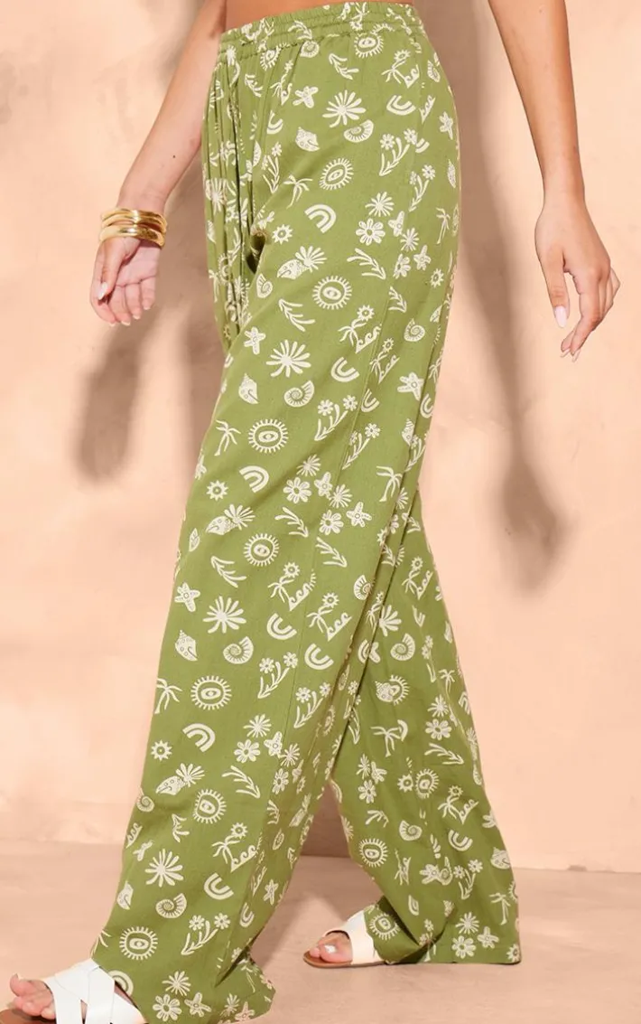 Green Printed Drawstring Waist Straight Leg Pants