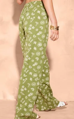 Green Printed Drawstring Waist Straight Leg Pants