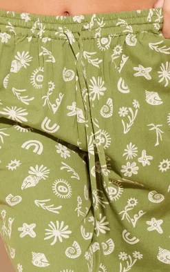 Green Printed Drawstring Waist Straight Leg Pants