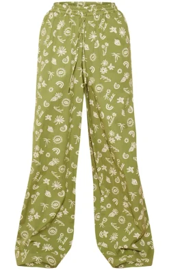 Green Printed Drawstring Waist Straight Leg Pants