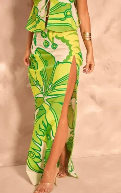Green Printed Floral Fishtail Maxi Skirt