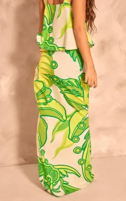 Green Printed Floral Fishtail Maxi Skirt