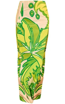 Green Printed Floral Fishtail Maxi Skirt