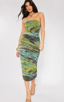 Green Printed Mesh Bandeau Ruched Midaxi Dress
