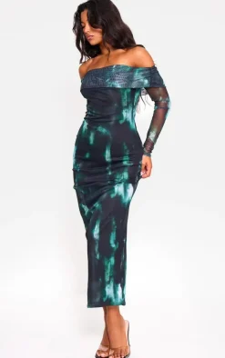 Green Printed Mesh Bardot Long Sleeve Maxi Dress
