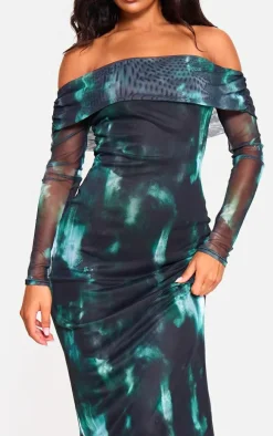 Green Printed Mesh Bardot Long Sleeve Maxi Dress