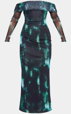 Green Printed Mesh Bardot Long Sleeve Maxi Dress