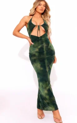 Green Printed Mesh Cut Out Halter Neck Midaxi Dress