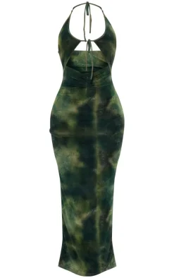 Green Printed Mesh Cut Out Halter Neck Midaxi Dress