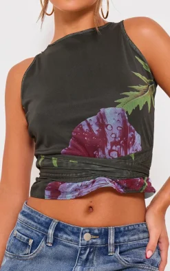 Green Printed Mesh Tie Detail Boat Neck Top