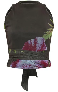 Green Printed Mesh Tie Detail Boat Neck Top