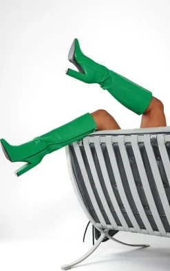 Green PU Point Toe High Block Heel Knee Boots