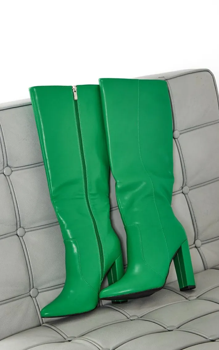 Green PU Point Toe High Block Heel Knee Boots