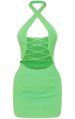 Green Rib Knit Halterneck Lace Front Dress