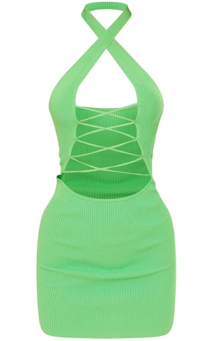 Green Rib Knit Halterneck Lace Front Dress