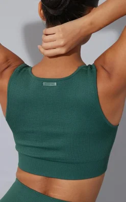 Green Ribbed Seamless Sport Slash Neck Crop Top