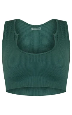 Green Ribbed Seamless Sport Slash Neck Crop Top