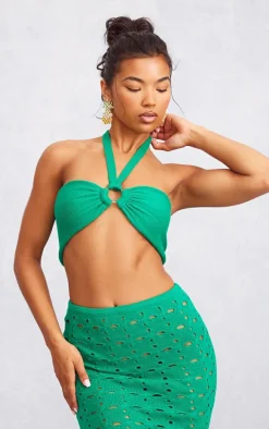 Green Ring Detal Halter Tie Knit Bralet