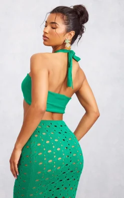 Green Ring Detal Halter Tie Knit Bralet