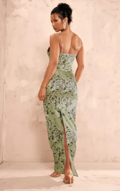Green Satin Print Lace Trim Maxi Dress