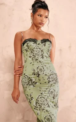 Green Satin Print Lace Trim Maxi Dress