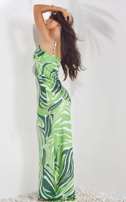 Green Satin Zebra Print Maxi Dress