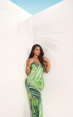 Green Satin Zebra Print Maxi Dress