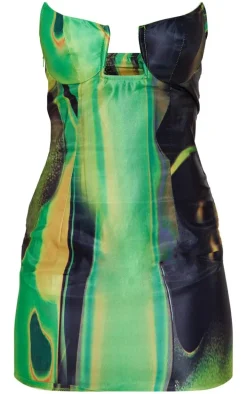 Green Smoke Print Satin V Bar Bandeau Bodycon Dress