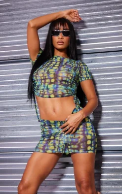 Green Snake Print Mesh Micro Mini Skirt