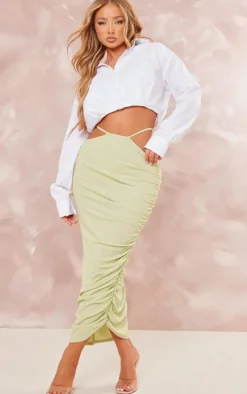 Green Sparkle Jersey Tie Waist Ruched Midaxi Skirt