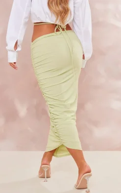Green Sparkle Jersey Tie Waist Ruched Midaxi Skirt