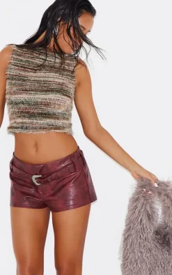 Green Stripe Eyelash Textured Boatneck Crop Top