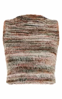 Green Stripe Eyelash Textured Boatneck Crop Top