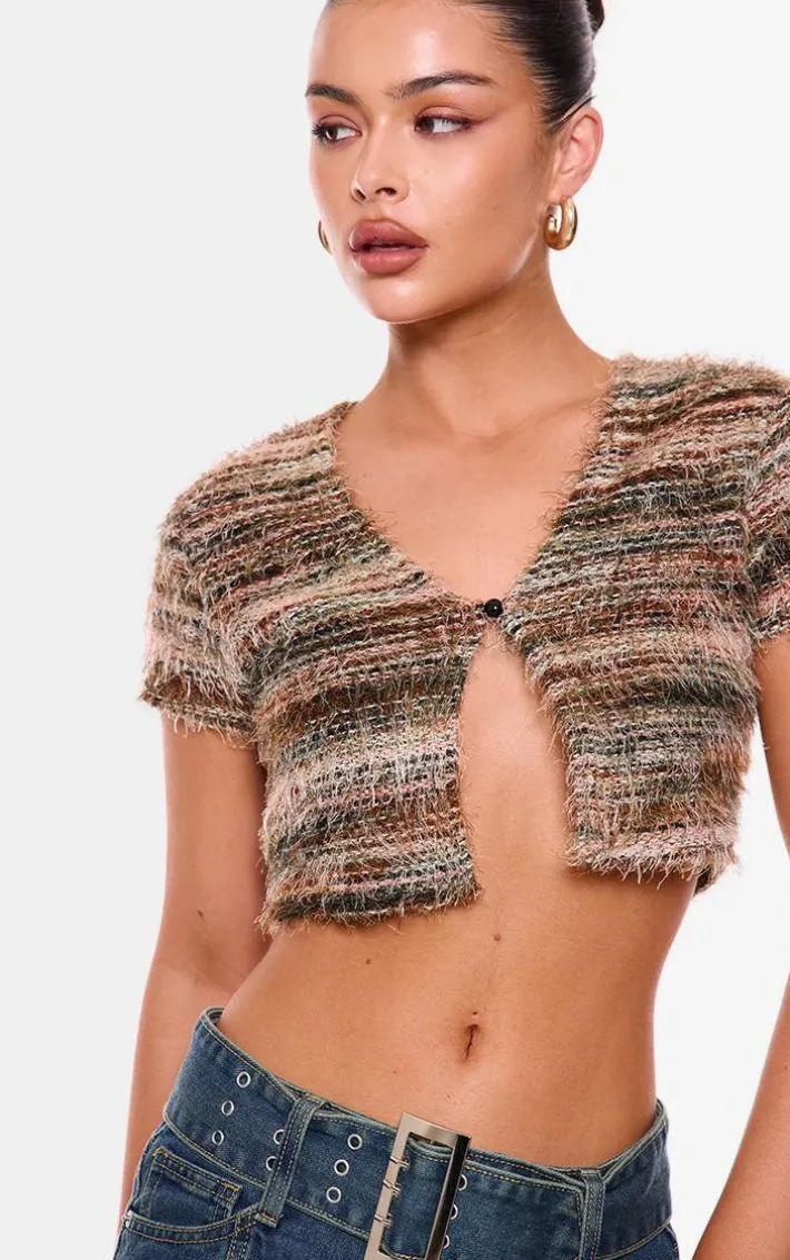 Green Stripe Eyelash Textured Cropped Tie Front Top