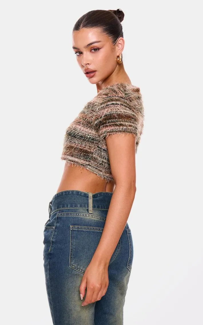 Green Stripe Eyelash Textured Cropped Tie Front Top