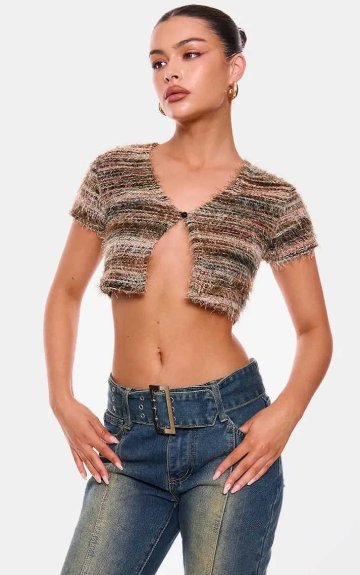 Green Stripe Eyelash Textured Cropped Tie Front Top