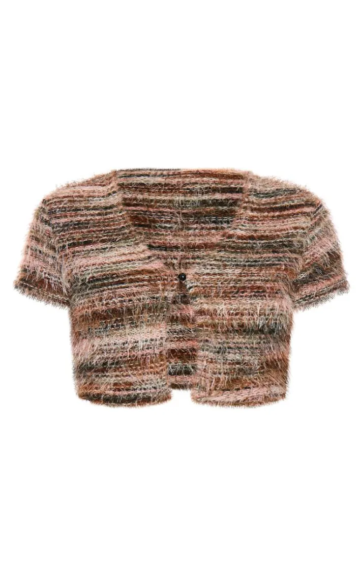 Green Stripe Eyelash Textured Cropped Tie Front Top