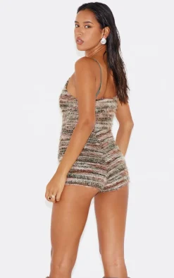 Green Stripe Eyelash Textured Keyhole Detail Romper