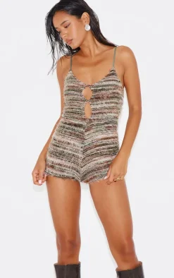 Green Stripe Eyelash Textured Keyhole Detail Romper