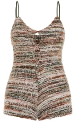 Green Stripe Eyelash Textured Keyhole Detail Romper