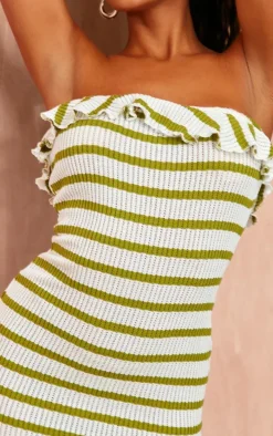 Green Striped Bandeau Frill Hem Textured Bodycon Dress